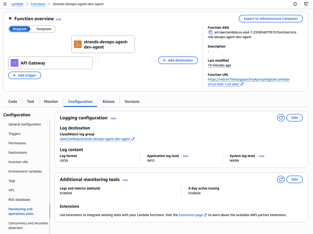 Lambda Configuration — JSON logging, X-Ray Active Tracing, API Gateway trigger